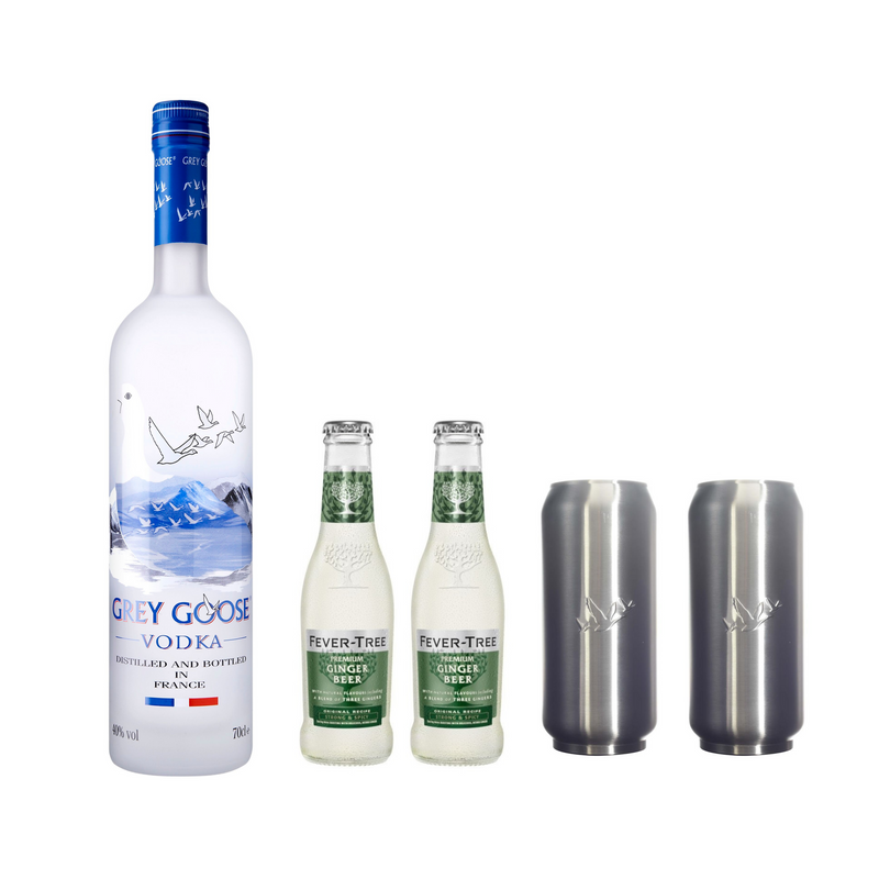 Kit cocktail Grey Goose French Mule <br> 1 vodka Grey Goose, 2 verres en aluminuim broséé et 2 ginger beer Fever Tree <br>